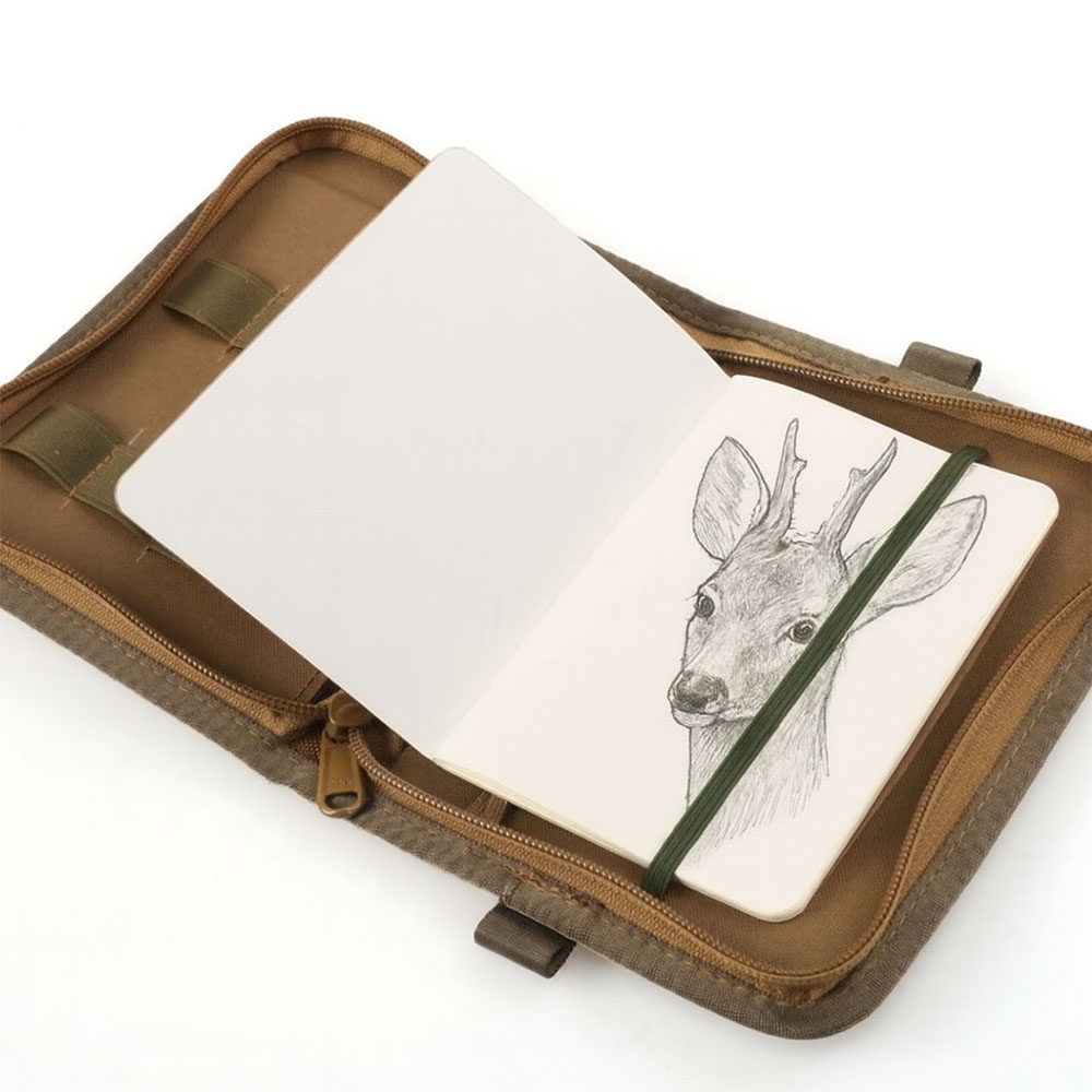 praktische Hülle inkl. Notizbuch und Platz für Stifte etc.